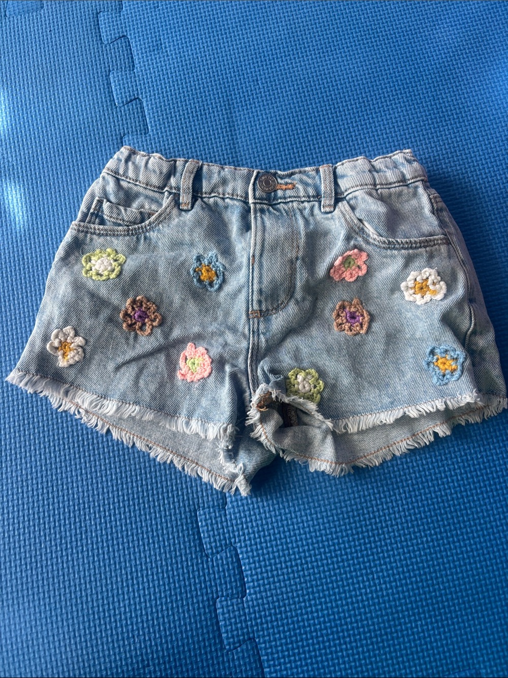 Zara Light Blue Denim Shorts with Multicolor Crochet Flowers